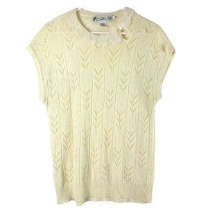 Chaus Womens Sleeveless Yellow Sweater Medium Lace Neck Vintage Preppy Knit